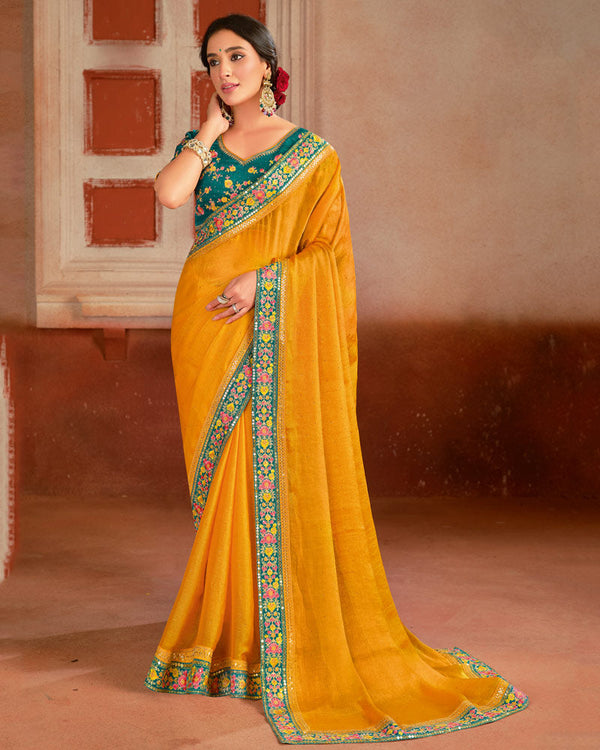 Vishal Prints Golden Yellow Designer Fancy Chiffon Saree With Diamond Work And Embroidery Border