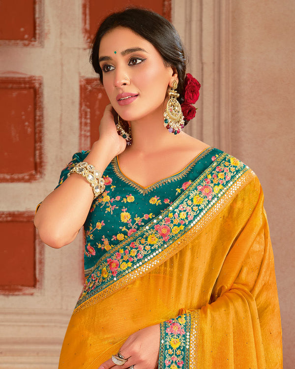 Vishal Prints Golden Yellow Designer Fancy Chiffon Saree With Diamond Work And Embroidery Border