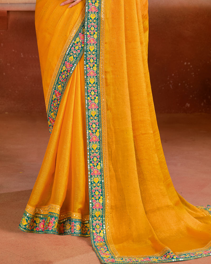 Vishal Prints Golden Yellow Designer Fancy Chiffon Saree With Diamond Work And Embroidery Border