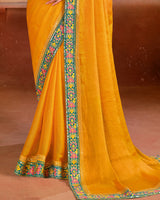Vishal Prints Golden Yellow Designer Fancy Chiffon Saree With Diamond Work And Embroidery Border