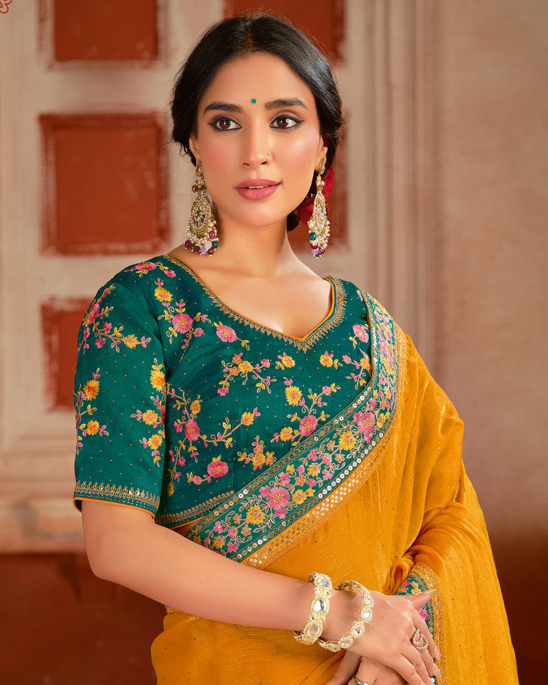 Vishal Prints Golden Yellow Designer Fancy Chiffon Saree With Diamond Work And Embroidery Border