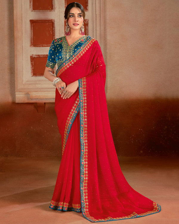 Vishal Prints Pinkish Red Designer Fancy Chiffon Saree With Diamond Work And Embroidery Border
