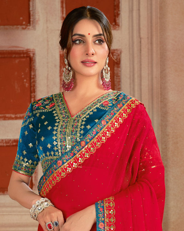 Vishal Prints Pinkish Red Designer Fancy Chiffon Saree With Diamond Work And Embroidery Border