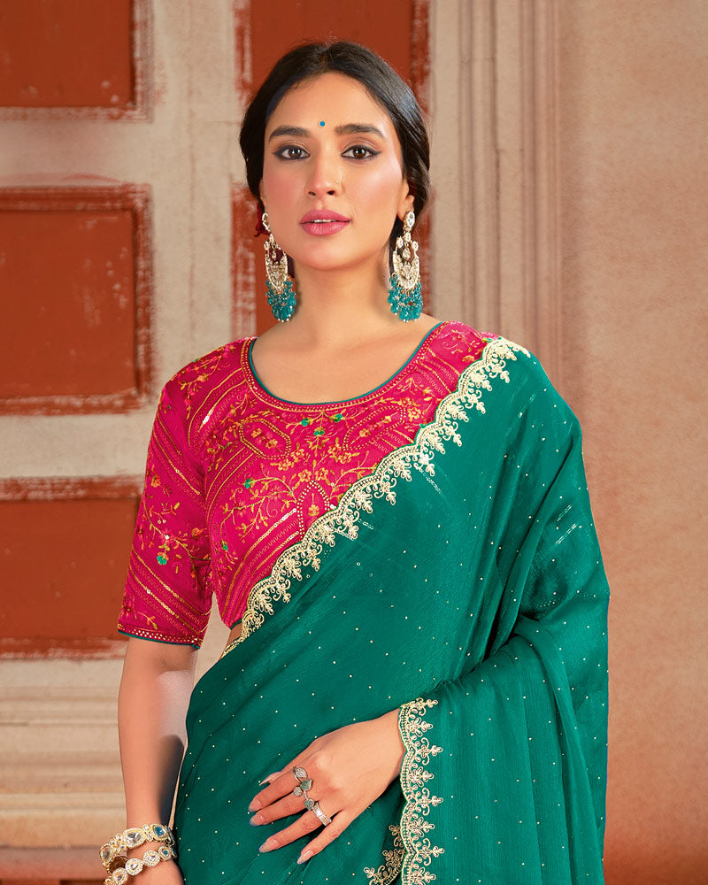 Vishal Prints Deep Sea Green Designer Fancy Chiffon Saree With Diamond Work And Cut Work Embroidery Border