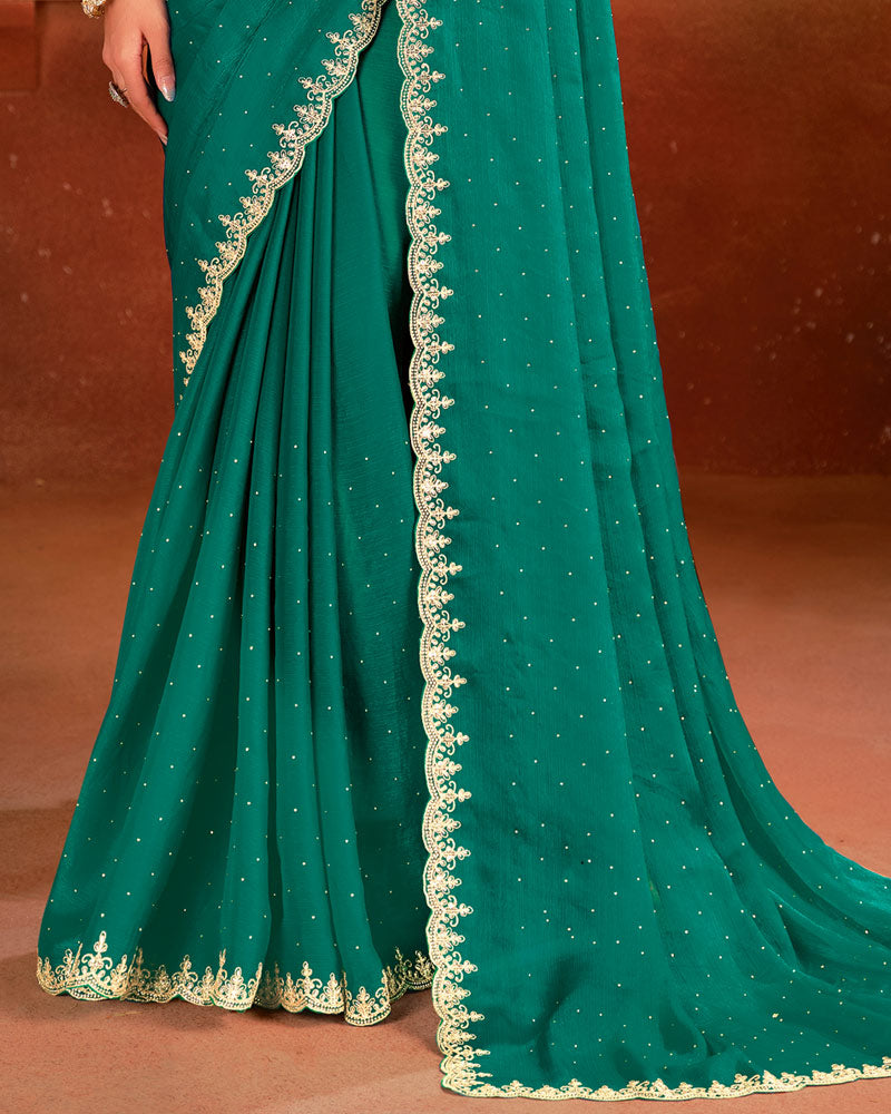 Vishal Prints Deep Sea Green Designer Fancy Chiffon Saree With Diamond Work And Cut Work Embroidery Border