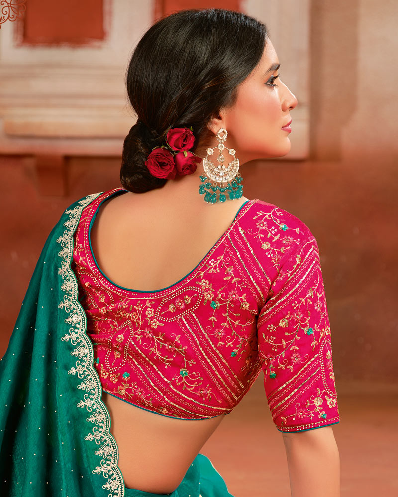 Vishal Prints Deep Sea Green Designer Fancy Chiffon Saree With Diamond Work And Cut Work Embroidery Border