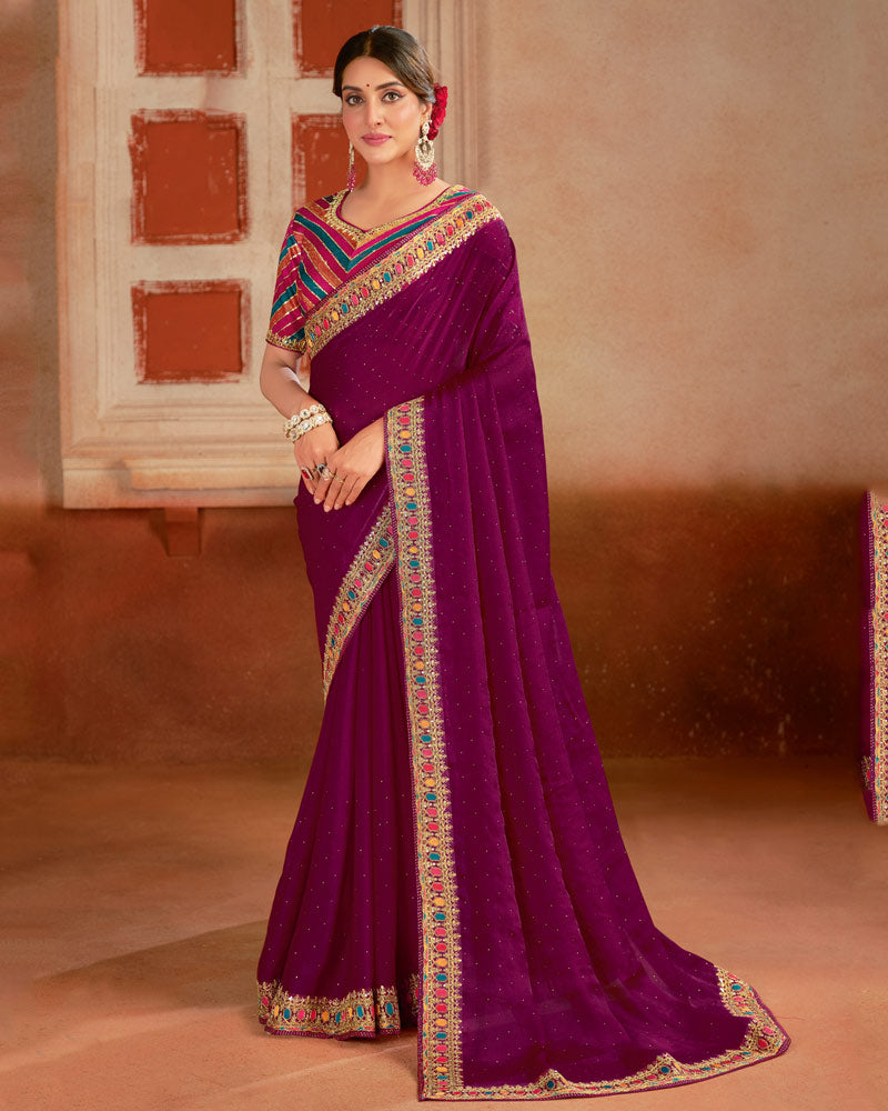Vishal Prints Grape Purple Designer Fancy Chiffon Saree With Diamond Work And Embroidery Border