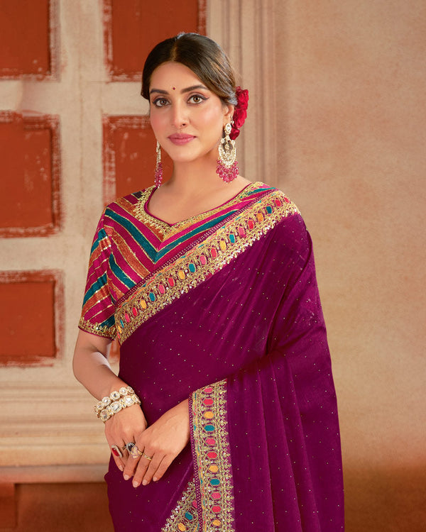 Vishal Prints Grape Purple Designer Fancy Chiffon Saree With Diamond Work And Embroidery Border