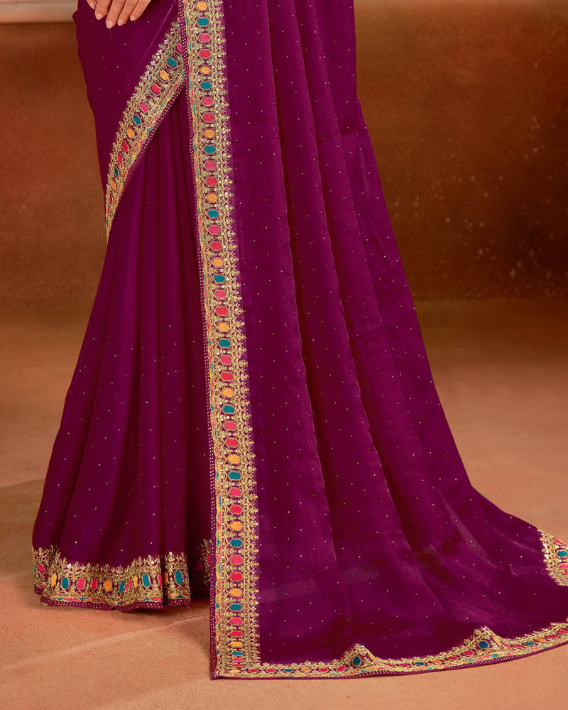 Vishal Prints Grape Purple Designer Fancy Chiffon Saree With Diamond Work And Embroidery Border