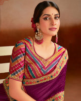 Vishal Prints Grape Purple Designer Fancy Chiffon Saree With Diamond Work And Embroidery Border