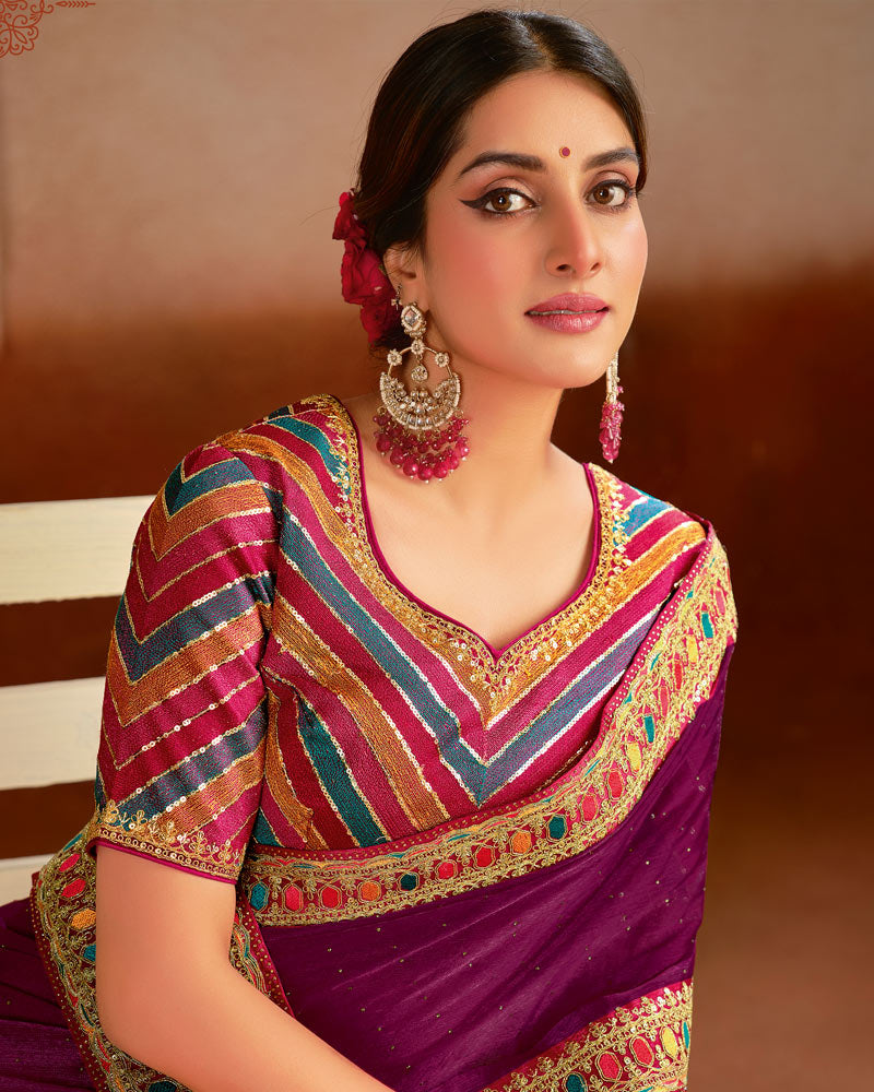 Vishal Prints Grape Purple Designer Fancy Chiffon Saree With Diamond Work And Embroidery Border