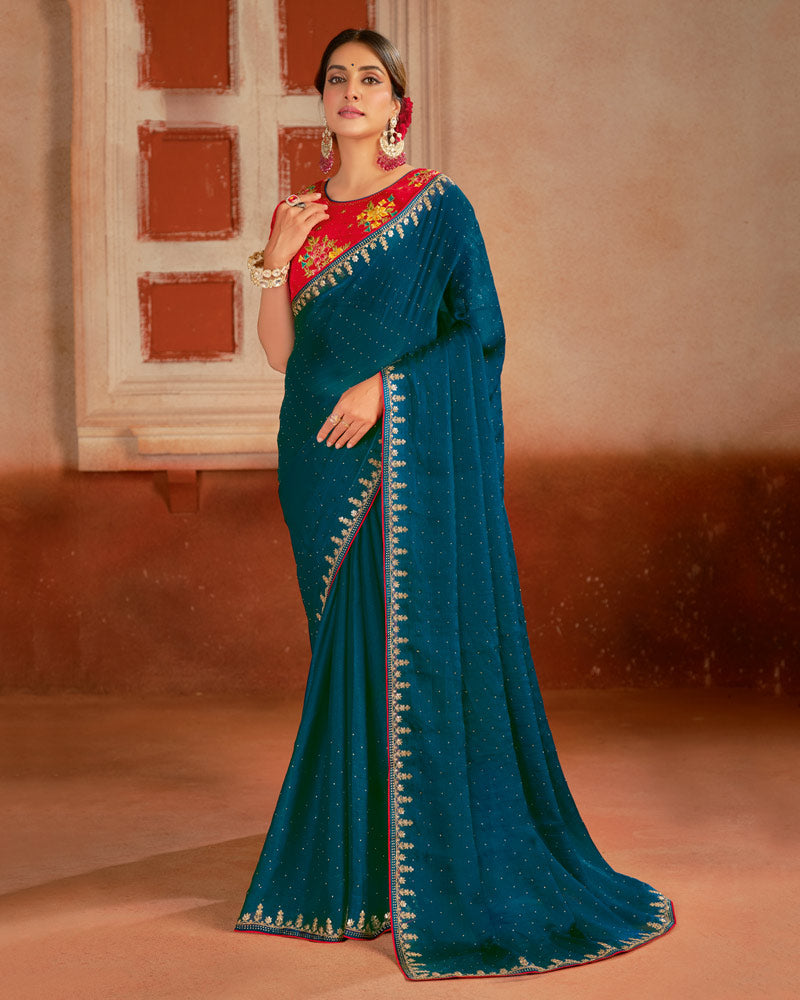 Vishal Prints Sherpa Blue Designer Fancy Chiffon Saree With Diamond Work And Embroidery Border