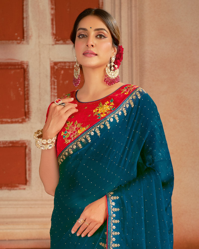 Vishal Prints Sherpa Blue Designer Fancy Chiffon Saree With Diamond Work And Embroidery Border