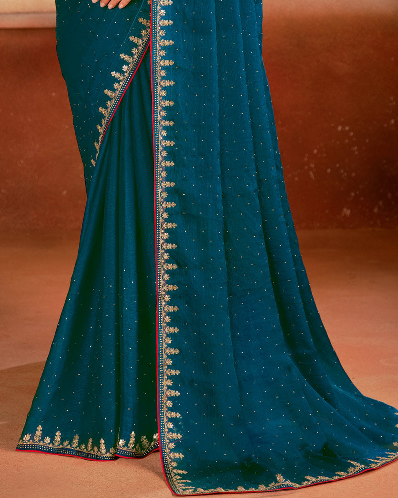 Vishal Prints Sherpa Blue Designer Fancy Chiffon Saree With Diamond Work And Embroidery Border
