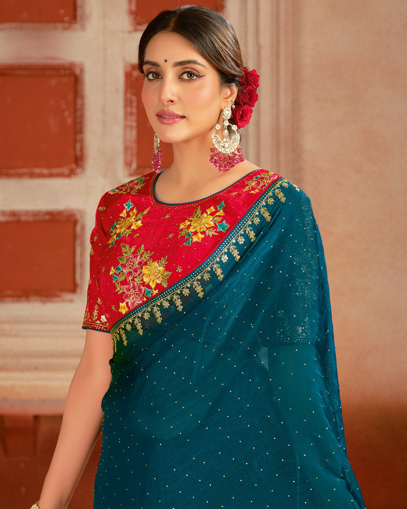 Vishal Prints Sherpa Blue Designer Fancy Chiffon Saree With Diamond Work And Embroidery Border