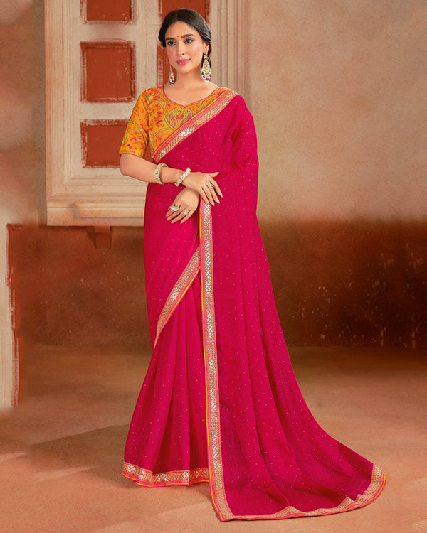 Vishal Prints Dark Hot Pink Designer Fancy Chiffon Saree With Diamond Work And Embroidery Border