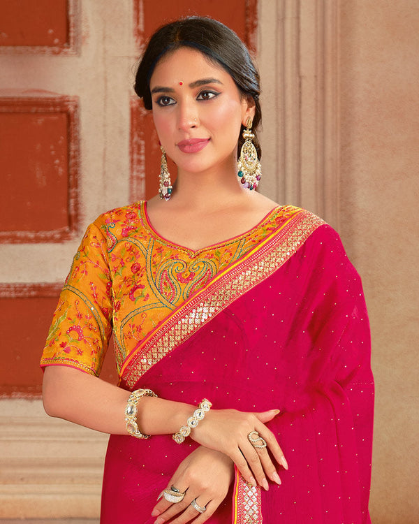 Vishal Prints Dark Hot Pink Designer Fancy Chiffon Saree With Diamond Work And Embroidery Border