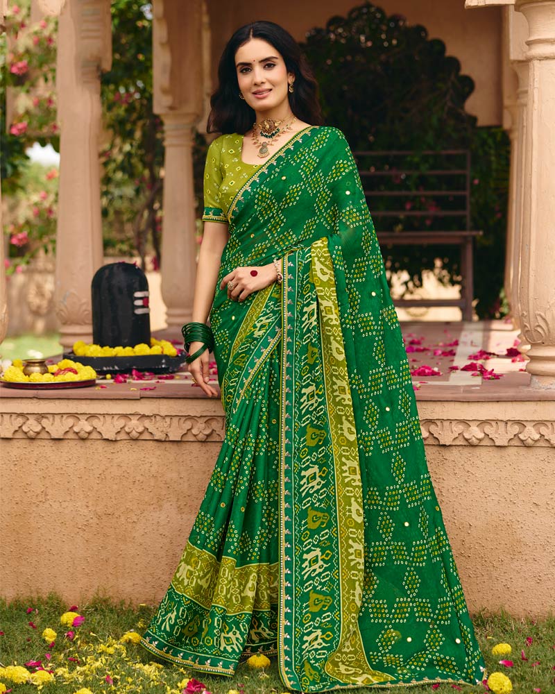 Vishal Prints Deep Green Traditional Print Chiffon Saree With Mirror Work And Fancy Embroidered Border