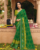 Vishal Prints Deep Green Traditional Print Chiffon Saree With Mirror Work And Fancy Embroidered Border