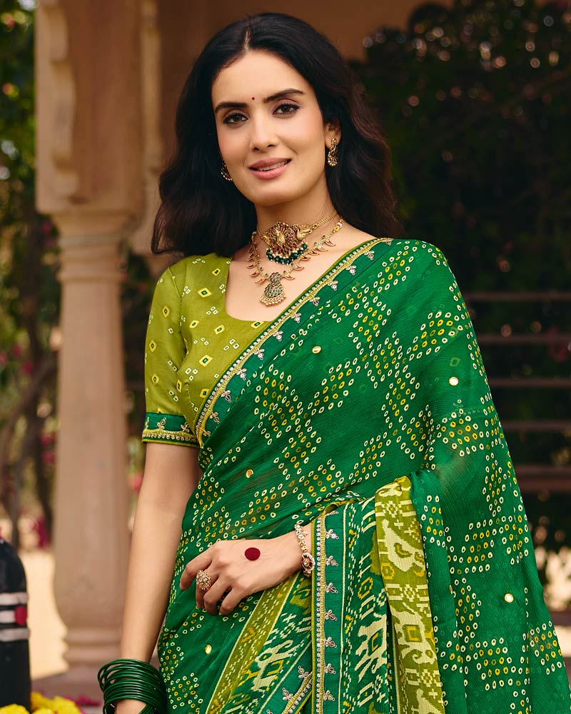 Vishal Prints Deep Green Traditional Print Chiffon Saree With Mirror Work And Fancy Embroidered Border