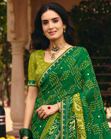 Vishal Prints Deep Green Traditional Print Chiffon Saree With Mirror Work And Fancy Embroidered Border