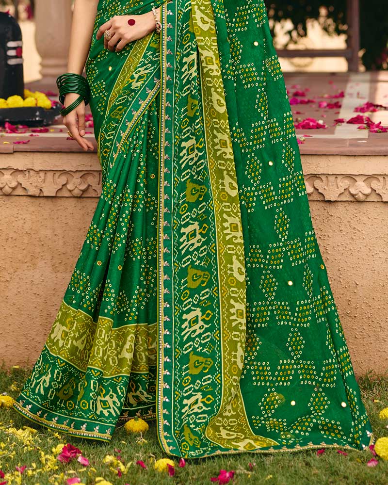 Vishal Prints Deep Green Traditional Print Chiffon Saree With Mirror Work And Fancy Embroidered Border