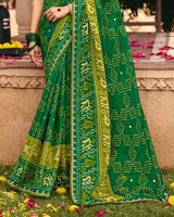 Vishal Prints Deep Green Traditional Print Chiffon Saree With Mirror Work And Fancy Embroidered Border