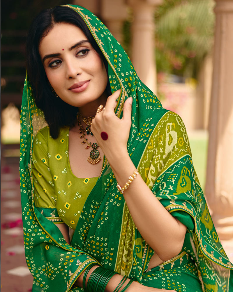 Vishal Prints Deep Green Traditional Print Chiffon Saree With Mirror Work And Fancy Embroidered Border