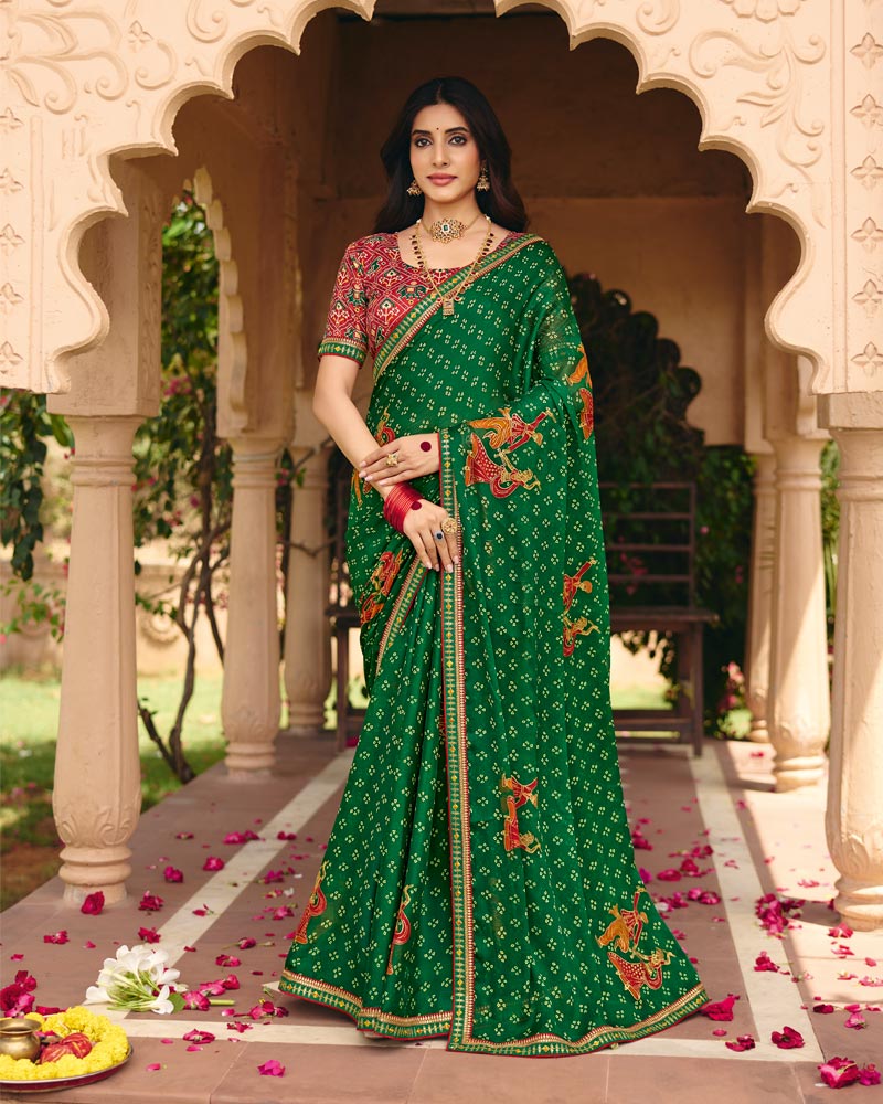 Vishal Prints Dark Green Traditional Print Chiffon Saree With Foil Print And Fancy Embroidered Border