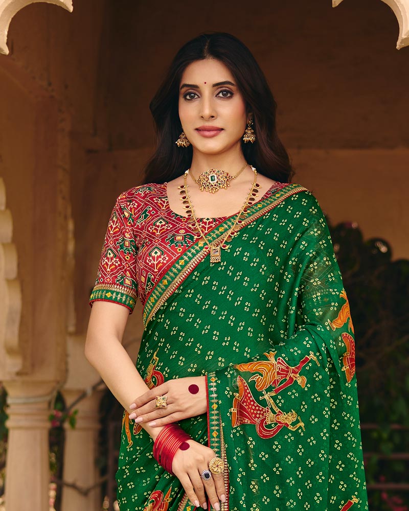 Vishal Prints Dark Green Traditional Print Chiffon Saree With Foil Print And Fancy Embroidered Border