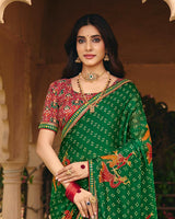 Vishal Prints Dark Green Traditional Print Chiffon Saree With Foil Print And Fancy Embroidered Border