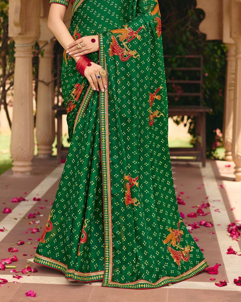 Vishal Prints Dark Green Traditional Print Chiffon Saree With Foil Print And Fancy Embroidered Border
