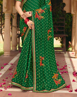 Vishal Prints Dark Green Traditional Print Chiffon Saree With Foil Print And Fancy Embroidered Border