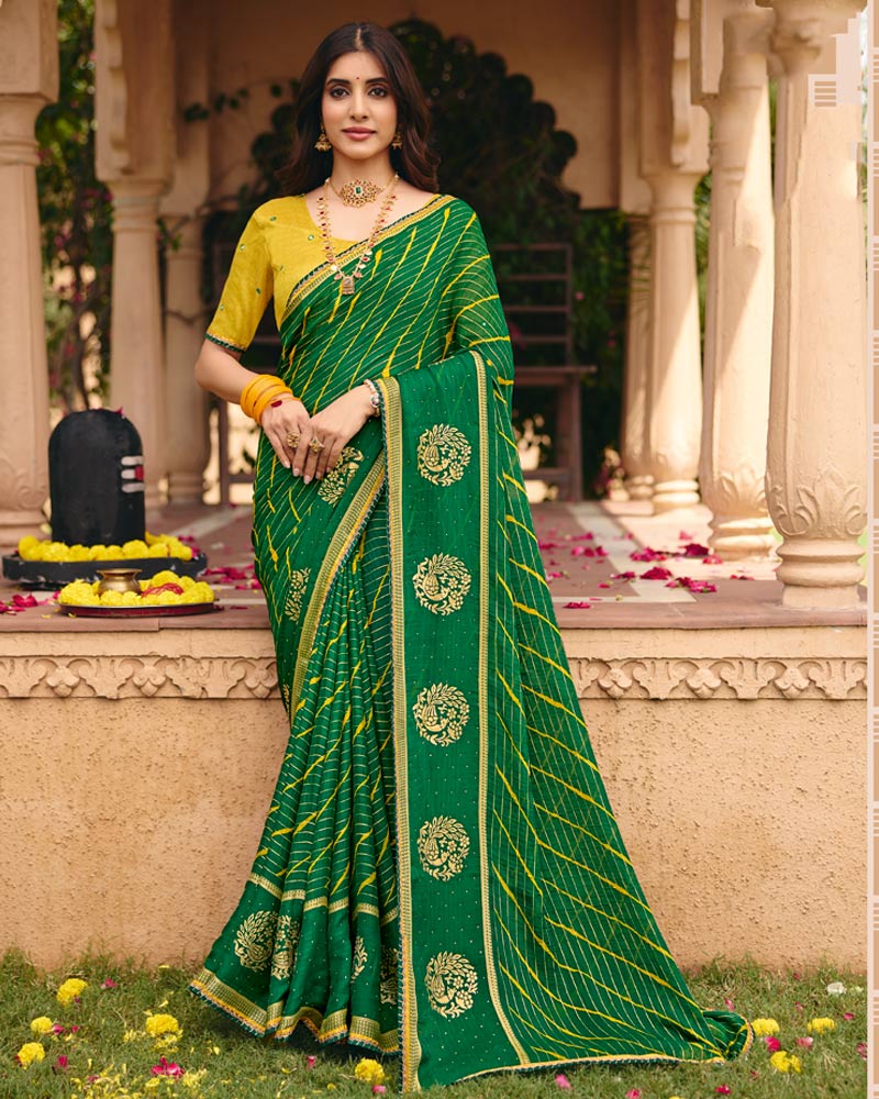 Vishal Prints Forest Green Traditional Print Chiffon Saree With Foil Print And Fancy Embroidered Border