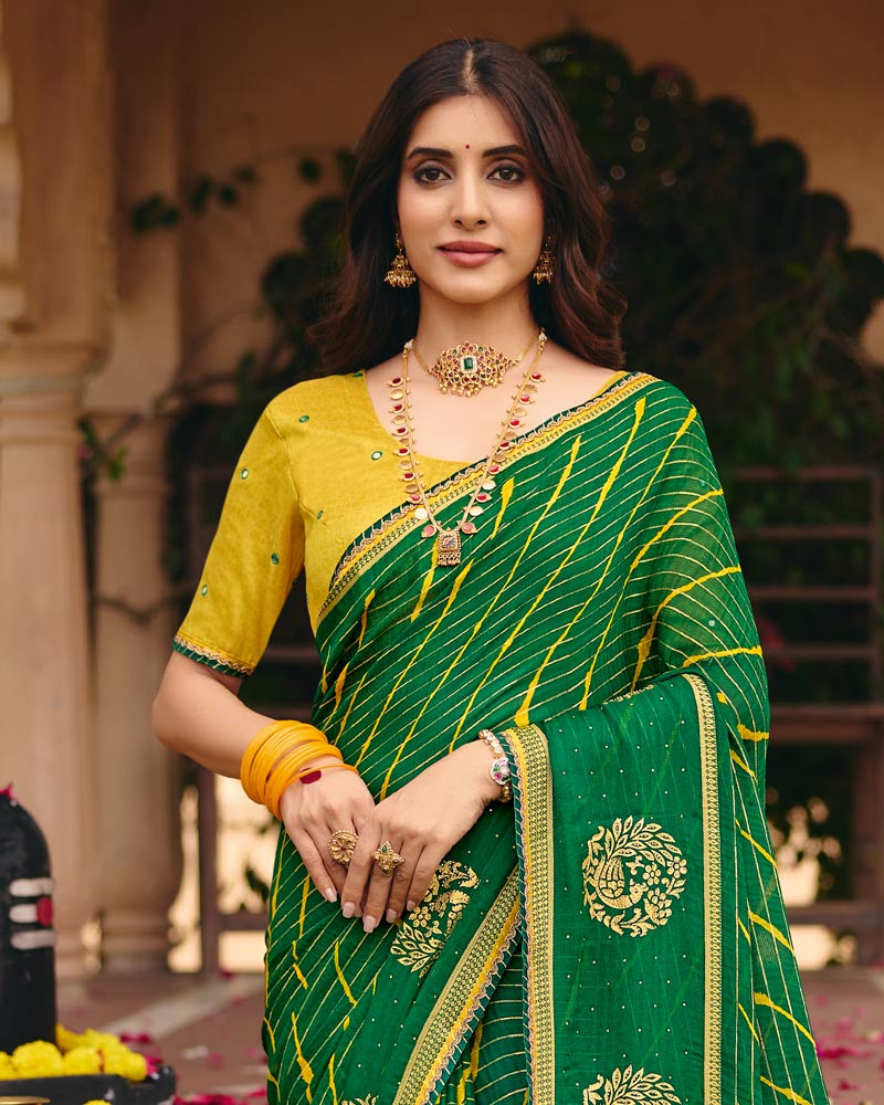 Vishal Prints Forest Green Traditional Print Chiffon Saree With Foil Print And Fancy Embroidered Border