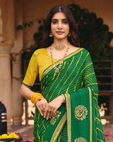 Vishal Prints Forest Green Traditional Print Chiffon Saree With Foil Print And Fancy Embroidered Border