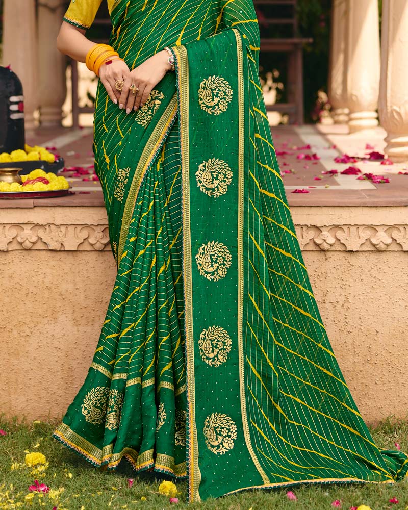 Vishal Prints Forest Green Traditional Print Chiffon Saree With Foil Print And Fancy Embroidered Border