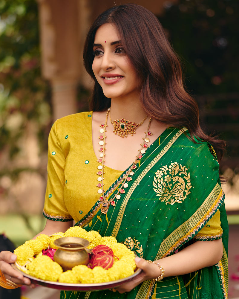 Vishal Prints Forest Green Traditional Print Chiffon Saree With Foil Print And Fancy Embroidered Border