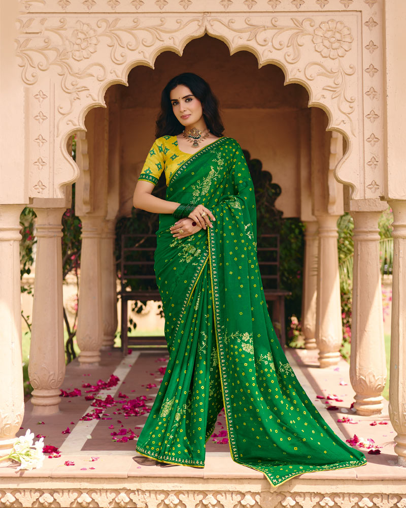 Vishal Prints Pine Green Traditional Print Chiffon Saree With Foil Print And Fancy Embroidered Border