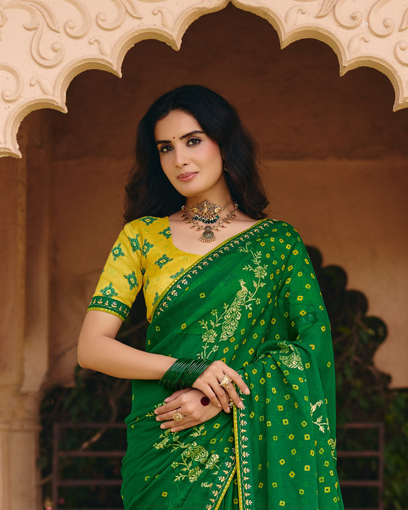 Vishal Prints Pine Green Traditional Print Chiffon Saree With Foil Print And Fancy Embroidered Border