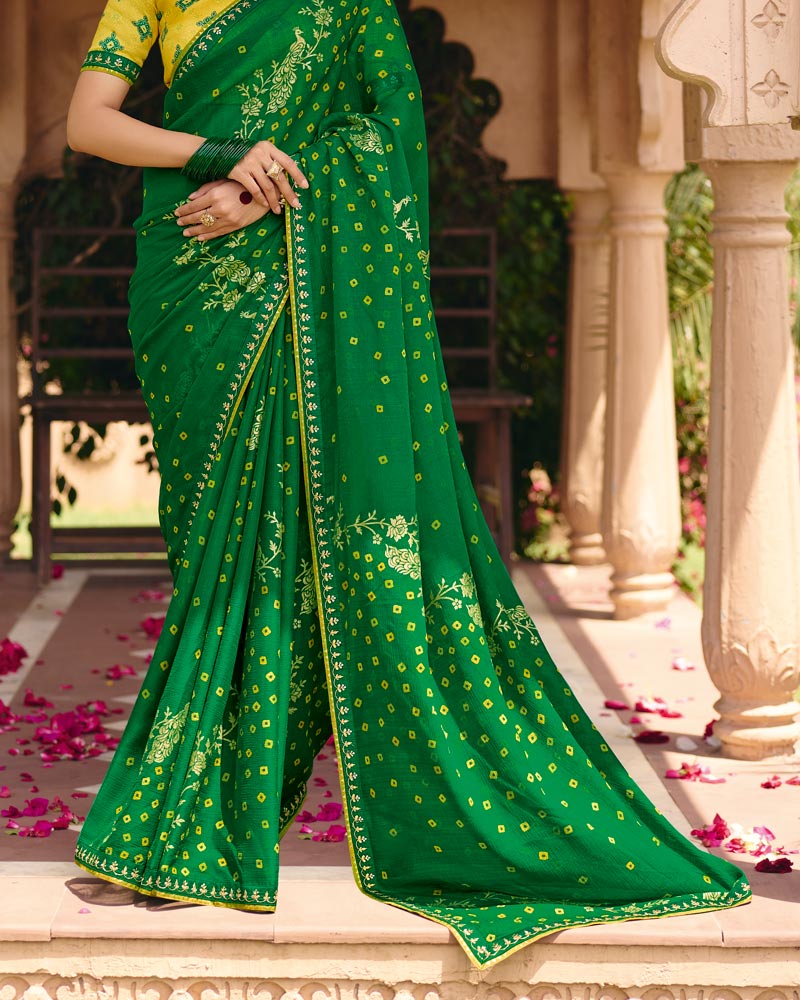 Vishal Prints Pine Green Traditional Print Chiffon Saree With Foil Print And Fancy Embroidered Border