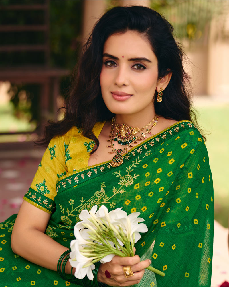 Vishal Prints Pine Green Traditional Print Chiffon Saree With Foil Print And Fancy Embroidered Border