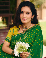 Vishal Prints Pine Green Traditional Print Chiffon Saree With Foil Print And Fancy Embroidered Border