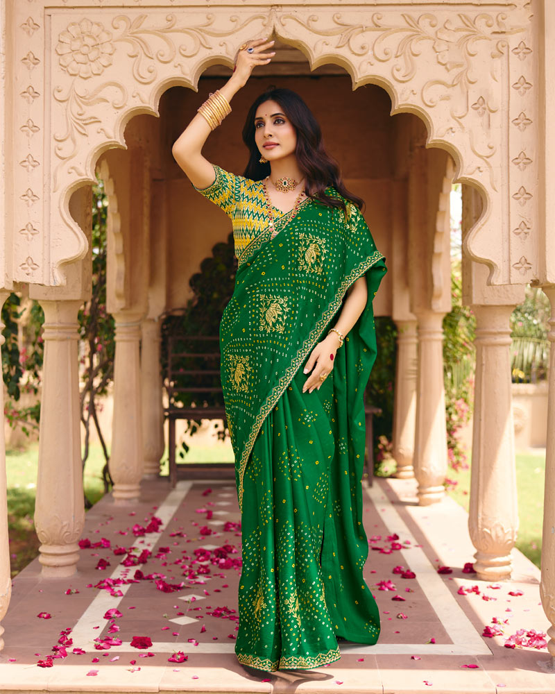 Vishal Prints Parrot Green Traditional Print Chiffon Saree With Foil Print And Fancy Embroidered Border