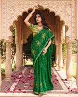 Vishal Prints Parrot Green Traditional Print Chiffon Saree With Foil Print And Fancy Embroidered Border