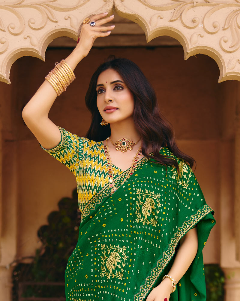 Vishal Prints Parrot Green Traditional Print Chiffon Saree With Foil Print And Fancy Embroidered Border