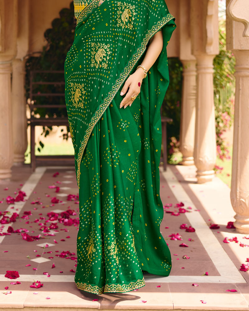 Vishal Prints Parrot Green Traditional Print Chiffon Saree With Foil Print And Fancy Embroidered Border