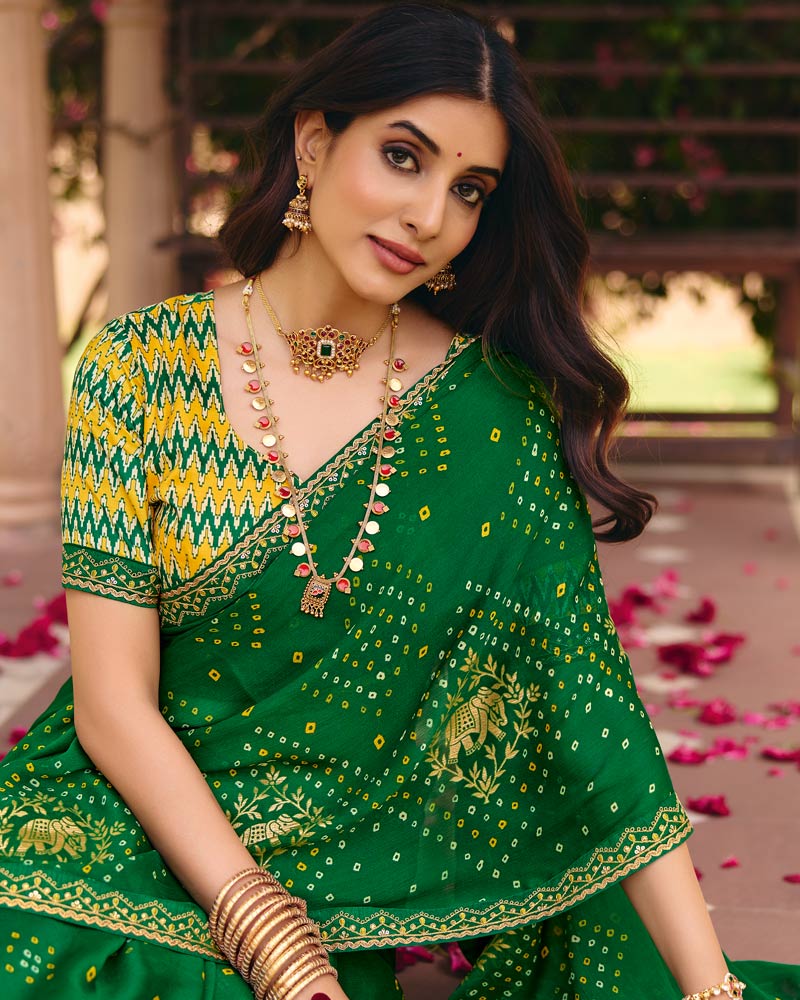Vishal Prints Parrot Green Traditional Print Chiffon Saree With Foil Print And Fancy Embroidered Border