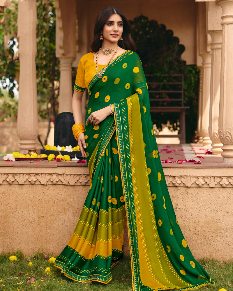 Vishal Prints Dark Green Yellow Traditional Print Chiffon Saree With Mirror Work And Fancy Embroidered Border