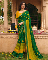 Vishal Prints Dark Green Yellow Traditional Print Chiffon Saree With Mirror Work And Fancy Embroidered Border